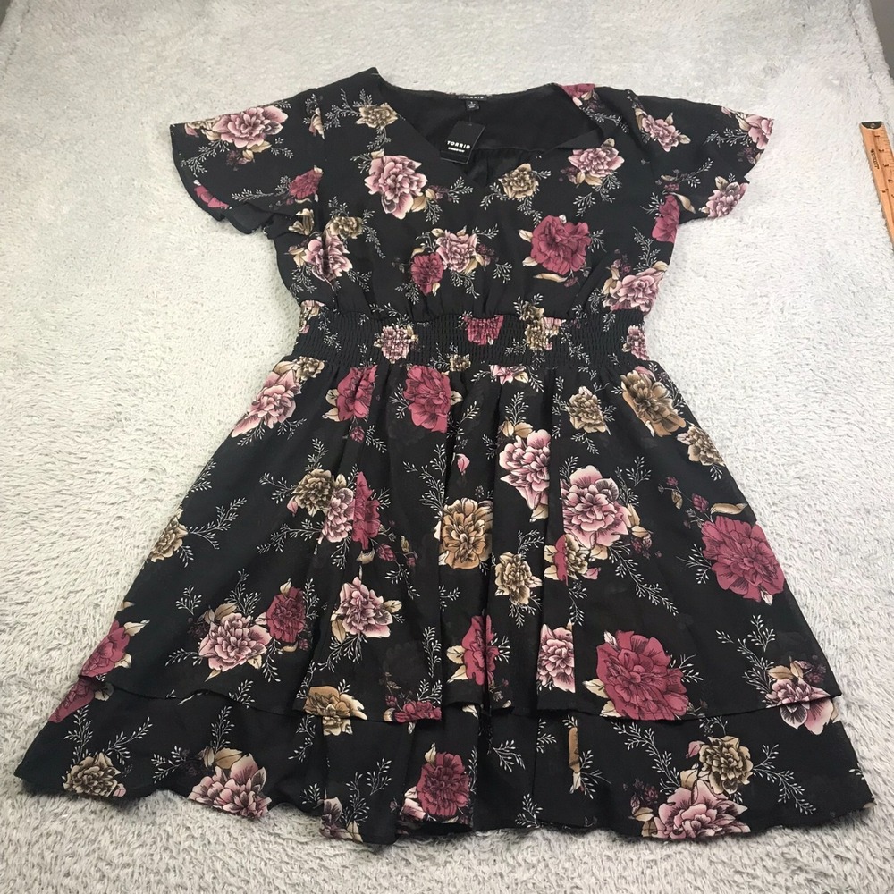 Torrid Floral Georgette Smocked Dress Womens 1X Black V Neck SS Mini NEW NWT